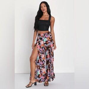 Lulus Getaway Energy Black Floral Print Flyaway Wide Leg Pants- Large